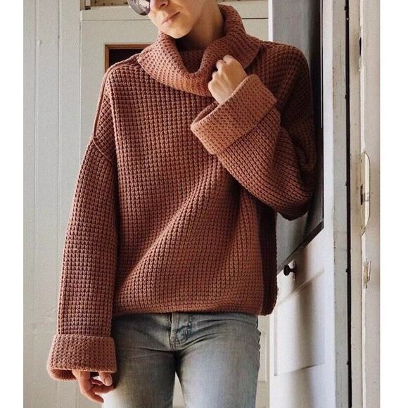 Free People Sweaters - Free People Oversized Slouchy Sweater M Brown Pullover Cowl Neck Chunky Knit